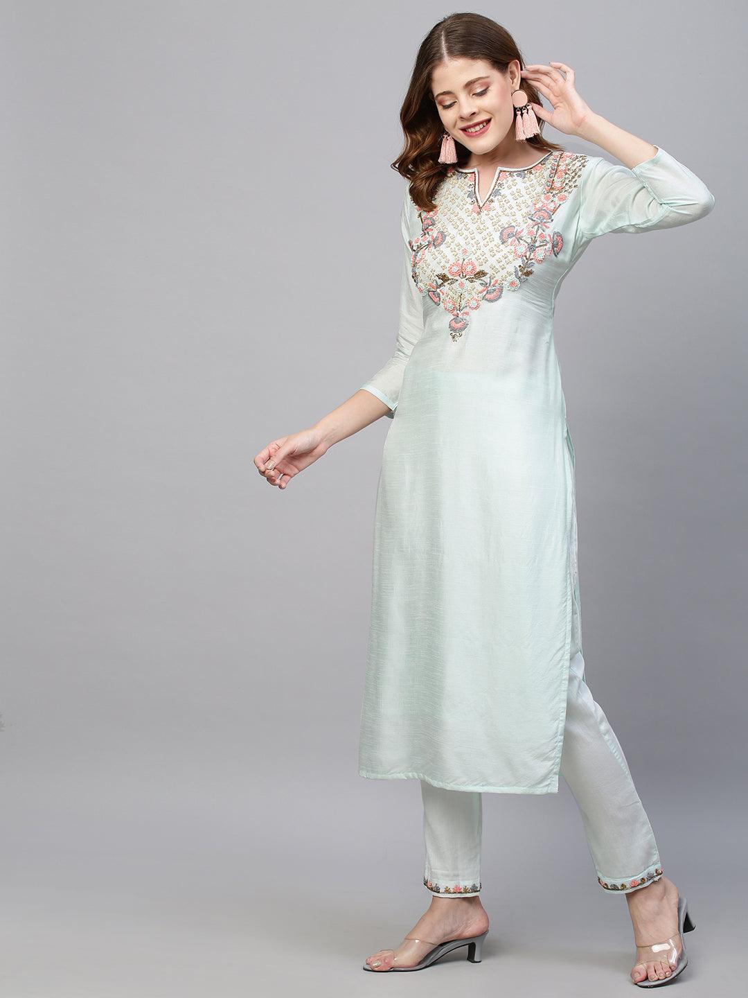 Ethnic Hand Embroidered Straight Kurta with Pants - Light Aqua Blue - Indiakreations