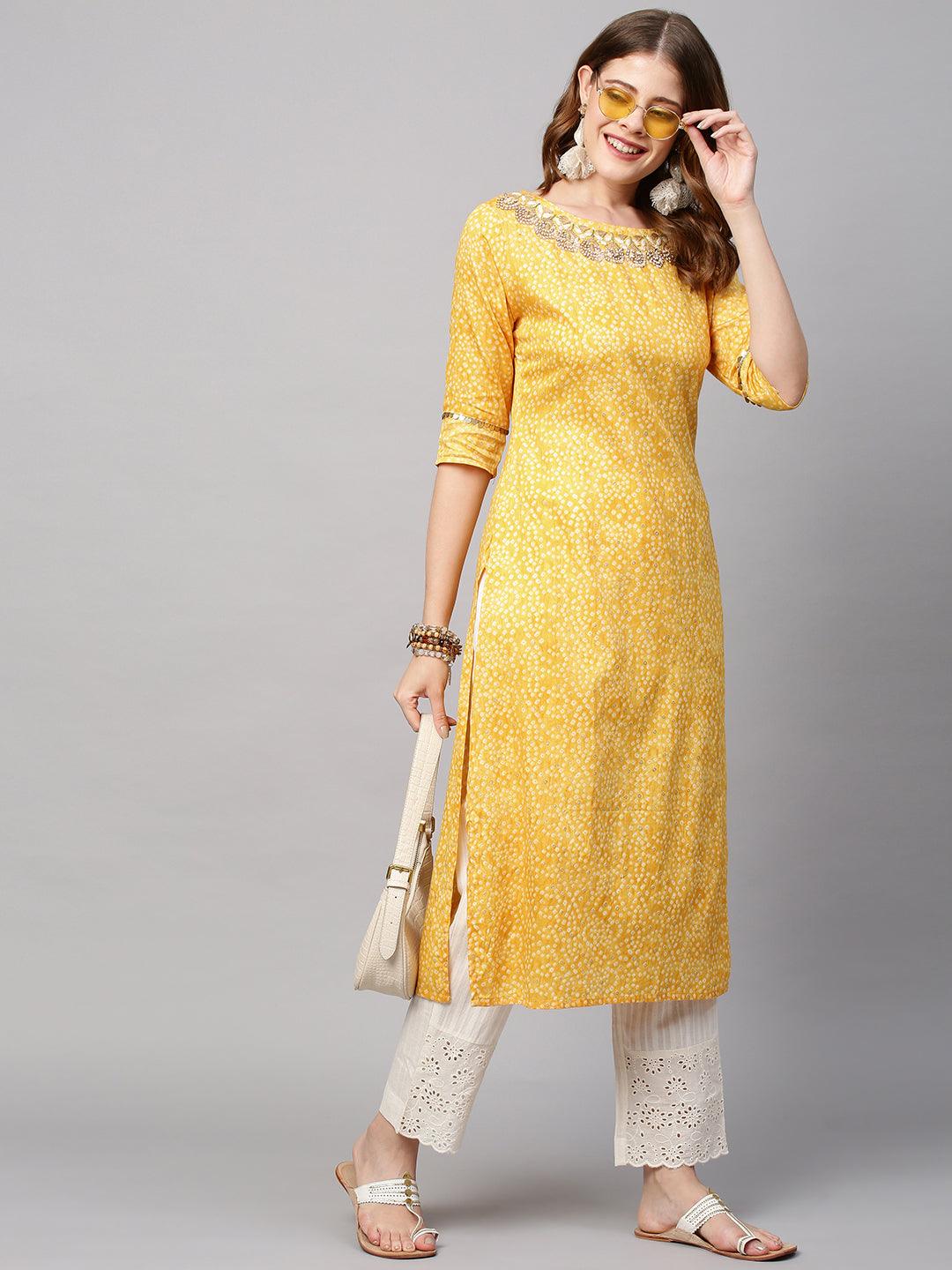 Bandhani Printed & Hand Embroidered Straight Fit Kurta - Yellow - Indiakreations