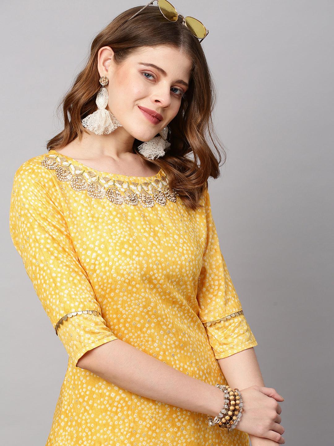 Bandhani Printed & Hand Embroidered Straight Fit Kurta - Yellow - Indiakreations