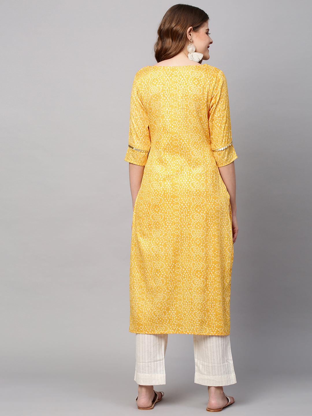 Bandhani Printed & Hand Embroidered Straight Fit Kurta - Yellow - Indiakreations