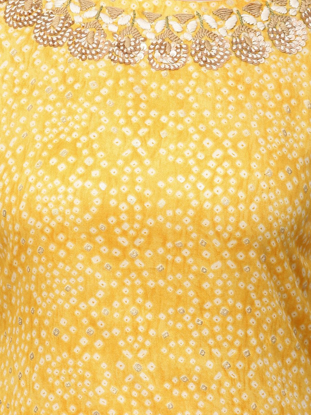 Bandhani Printed & Hand Embroidered Straight Fit Kurta - Yellow - Indiakreations