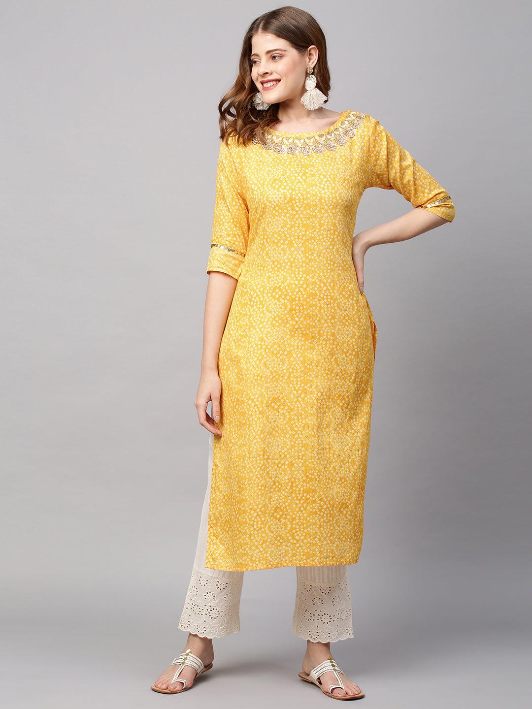 Bandhani Printed & Hand Embroidered Straight Fit Kurta - Yellow - Indiakreations