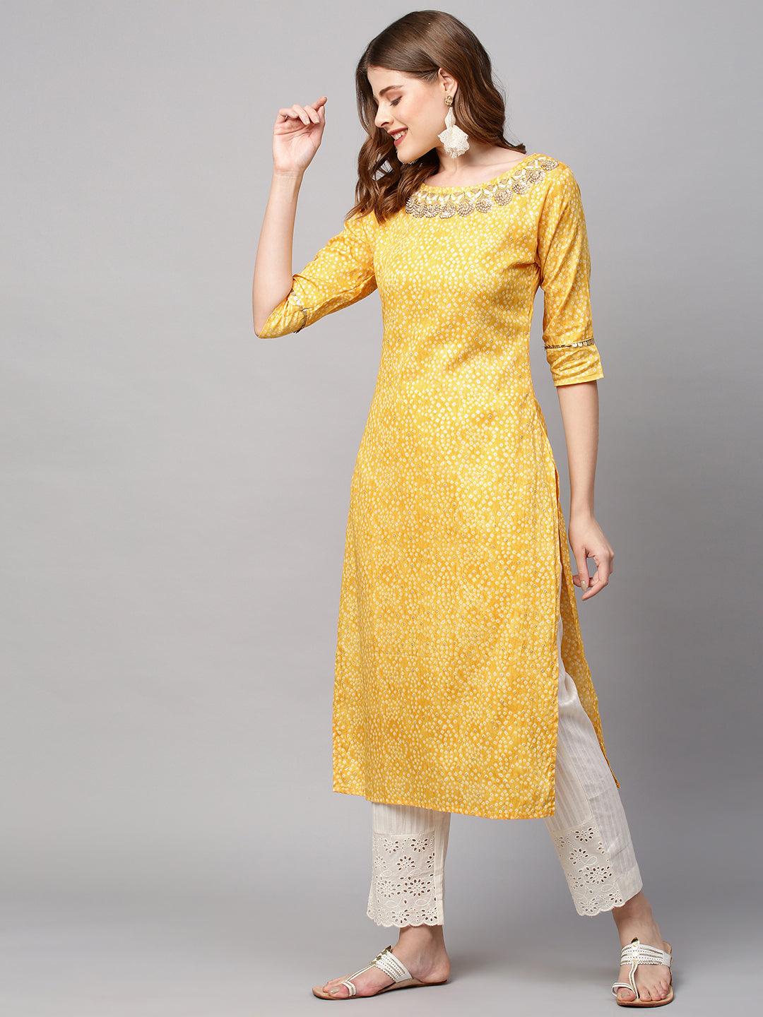 Bandhani Printed & Hand Embroidered Straight Fit Kurta - Yellow - Indiakreations