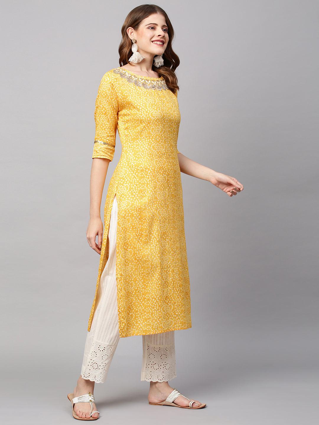 Bandhani Printed & Hand Embroidered Straight Fit Kurta - Yellow - Indiakreations