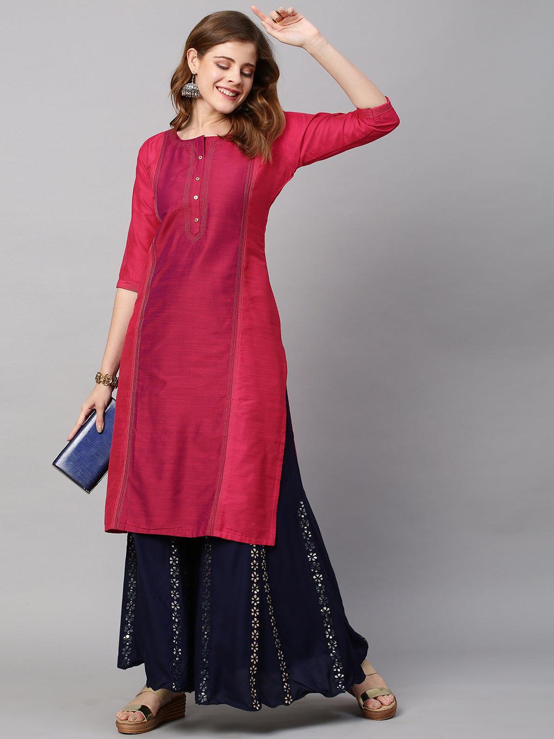 Zari Embroidered Straight Fit Kurta - Hot Pink - Indiakreations