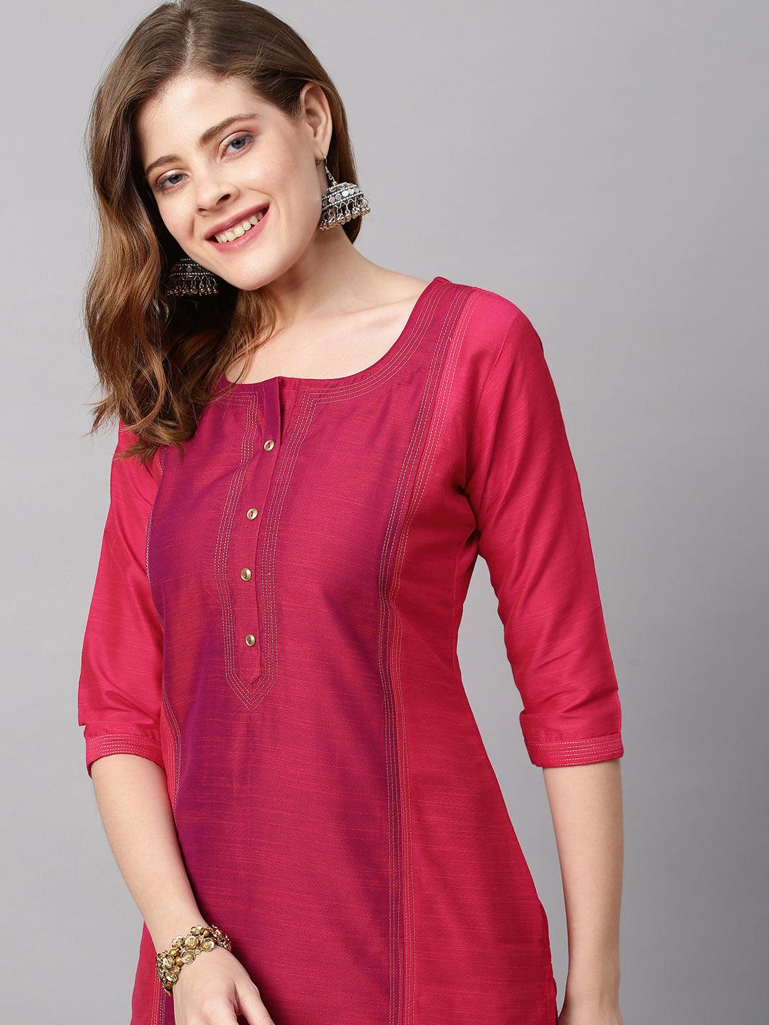 Zari Embroidered Straight Fit Kurta - Hot Pink - Indiakreations