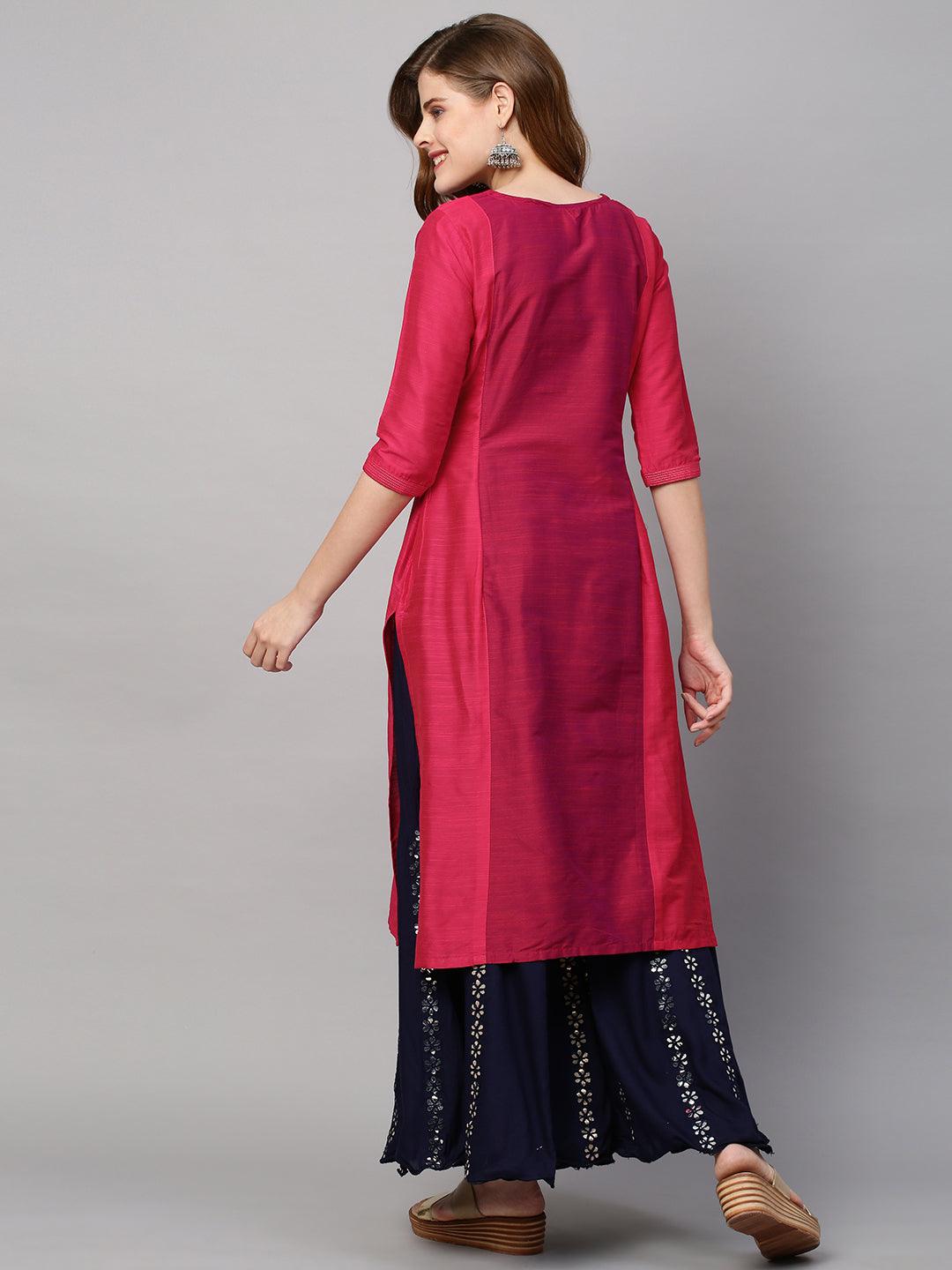 Zari Embroidered Straight Fit Kurta - Hot Pink - Indiakreations