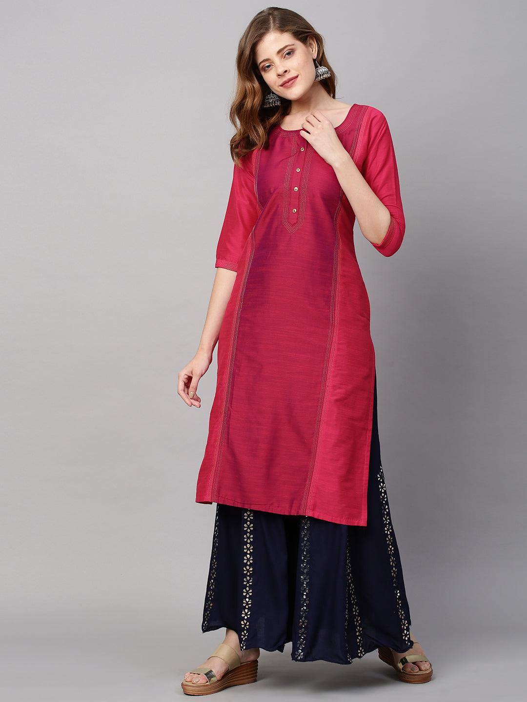 Zari Embroidered Straight Fit Kurta - Hot Pink - Indiakreations