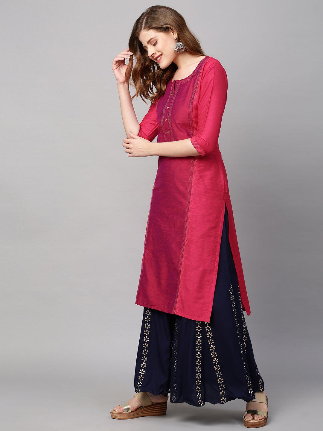 Zari Embroidered Straight Fit Kurta - Hot Pink - Indiakreations