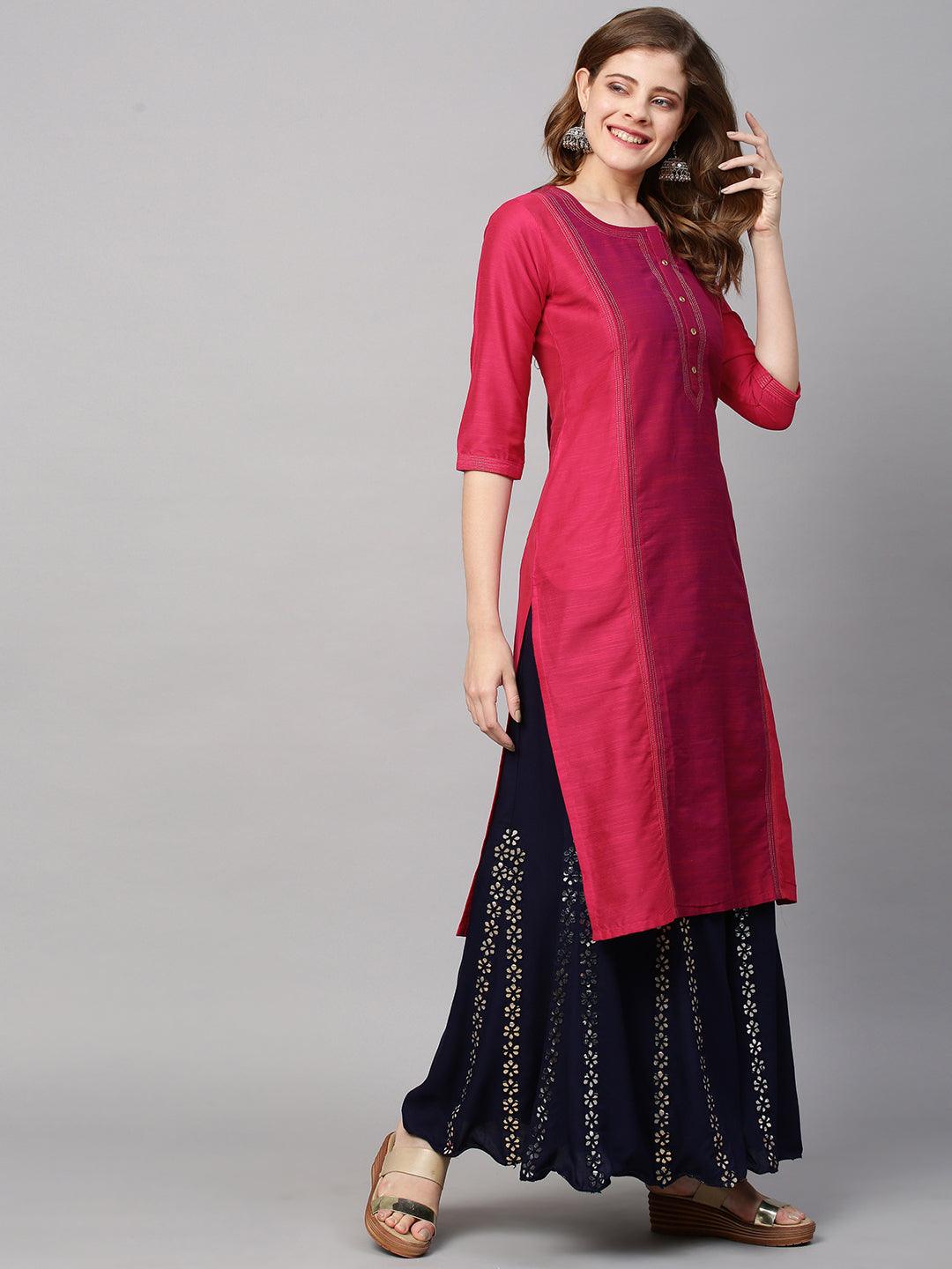 Zari Embroidered Straight Fit Kurta - Hot Pink - Indiakreations