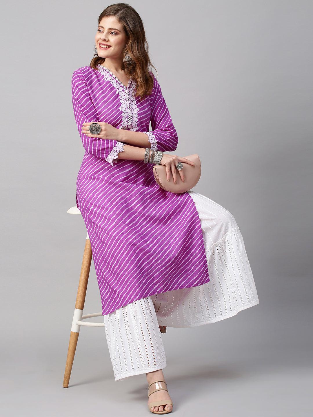 Leheriya Printed & Floral Embroidered Straight Fit Kurta - Purple - Indiakreations