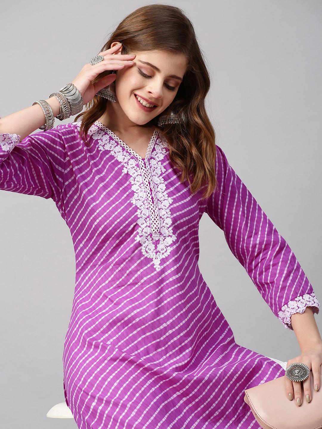 Leheriya Printed & Floral Embroidered Straight Fit Kurta - Purple - Indiakreations