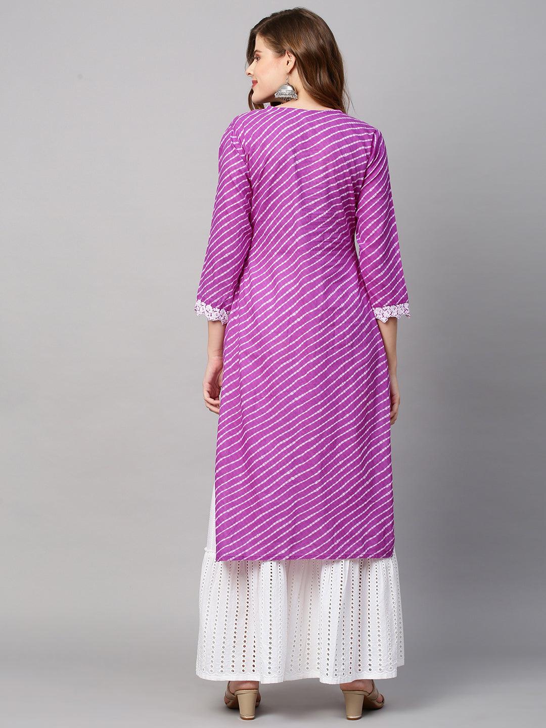 Leheriya Printed & Floral Embroidered Straight Fit Kurta - Purple - Indiakreations