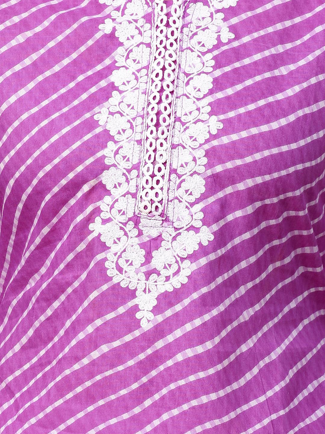 Leheriya Printed & Floral Embroidered Straight Fit Kurta - Purple - Indiakreations