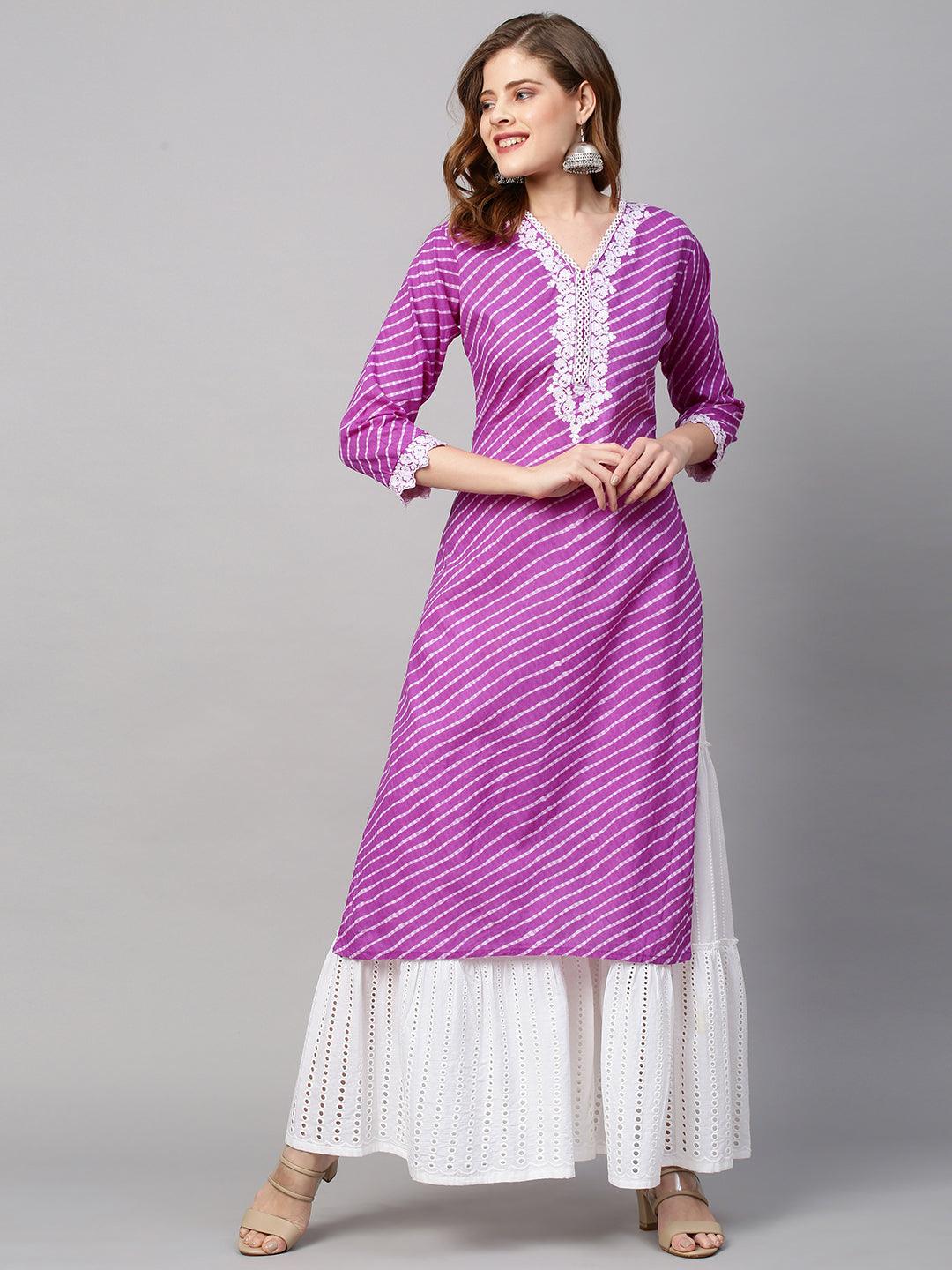 Leheriya Printed & Floral Embroidered Straight Fit Kurta - Purple - Indiakreations