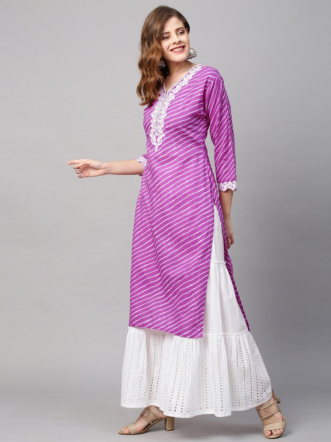 Leheriya Printed & Floral Embroidered Straight Fit Kurta - Purple - Indiakreations