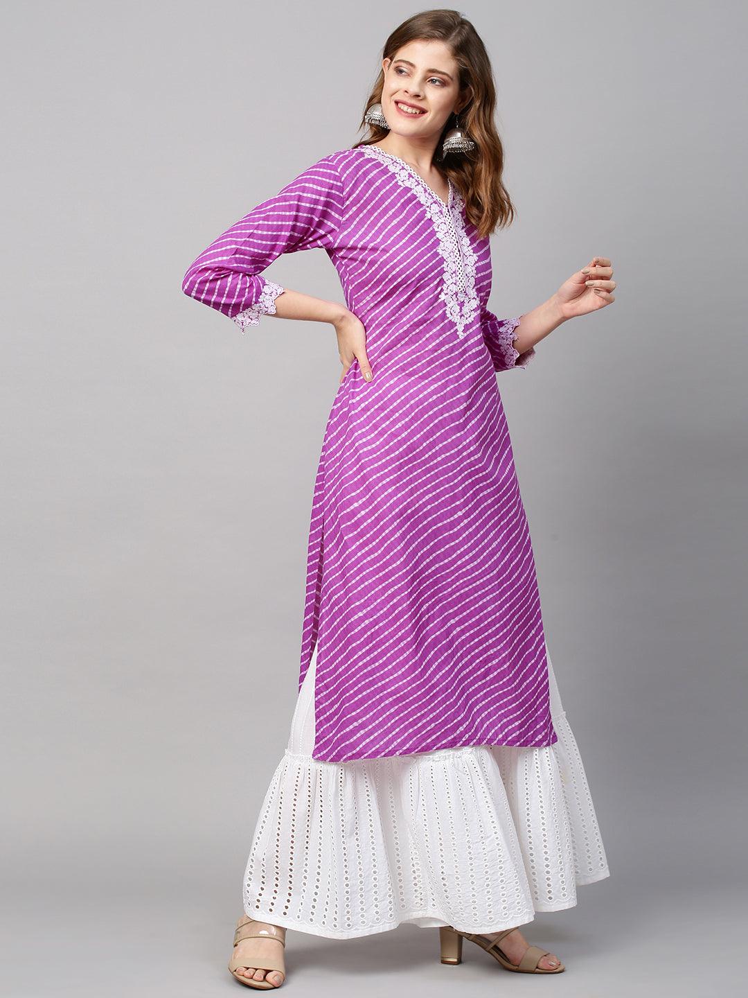 Leheriya Printed & Floral Embroidered Straight Fit Kurta - Purple - Indiakreations