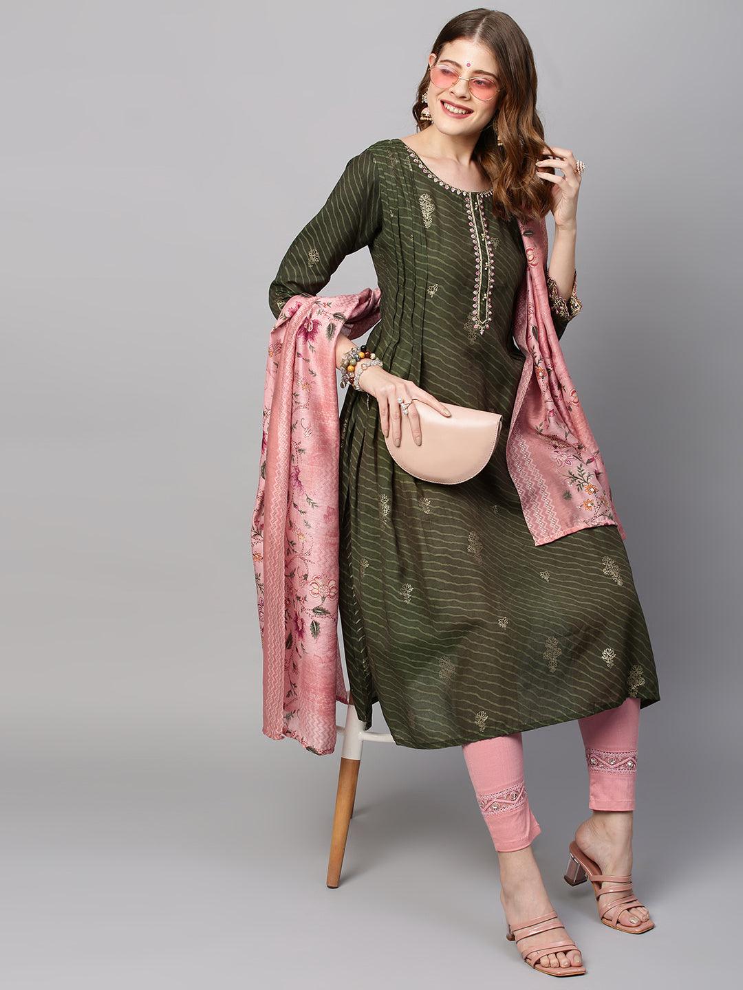 Leheriya Printed & Embroidered Straight Kurta with Dupatta - Seaweed Green - Indiakreations