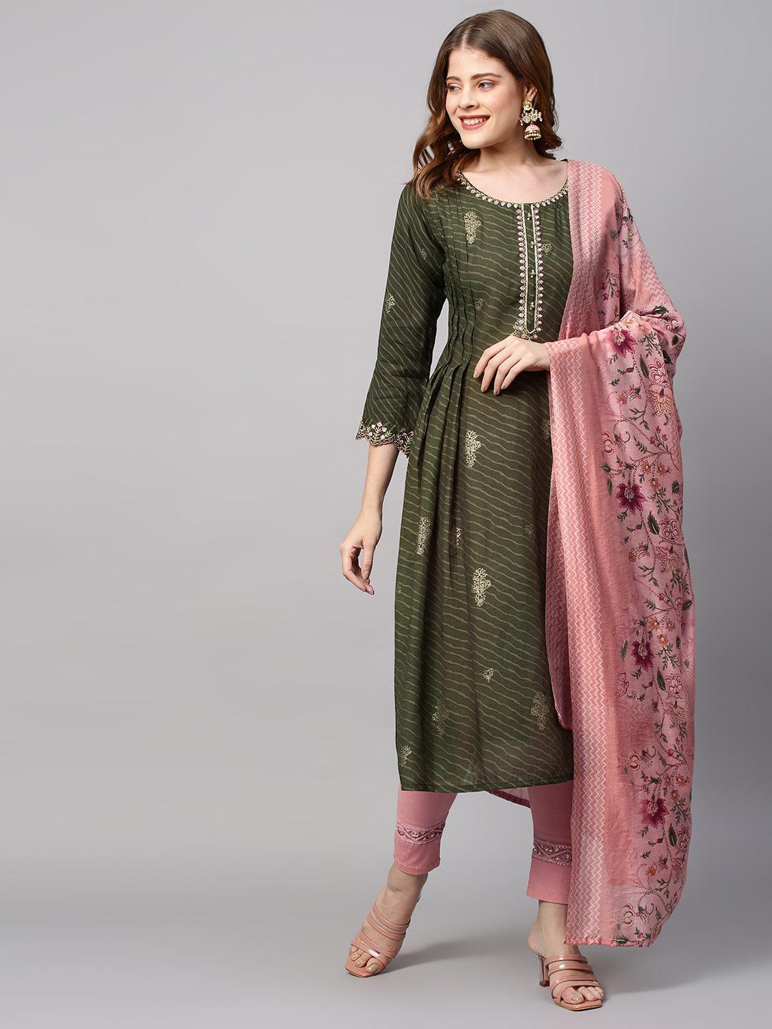 Leheriya Printed & Embroidered Straight Kurta with Dupatta - Seaweed Green - Indiakreations