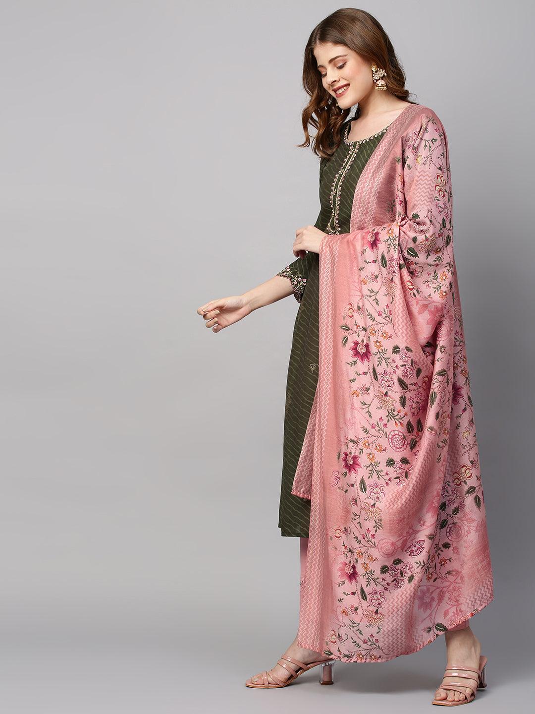 Leheriya Printed & Embroidered Straight Kurta with Dupatta - Seaweed Green - Indiakreations