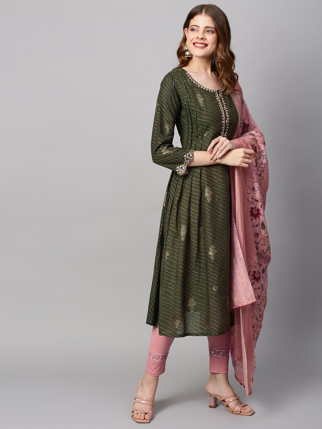 Leheriya Printed & Embroidered Straight Kurta with Dupatta - Seaweed Green - Indiakreations