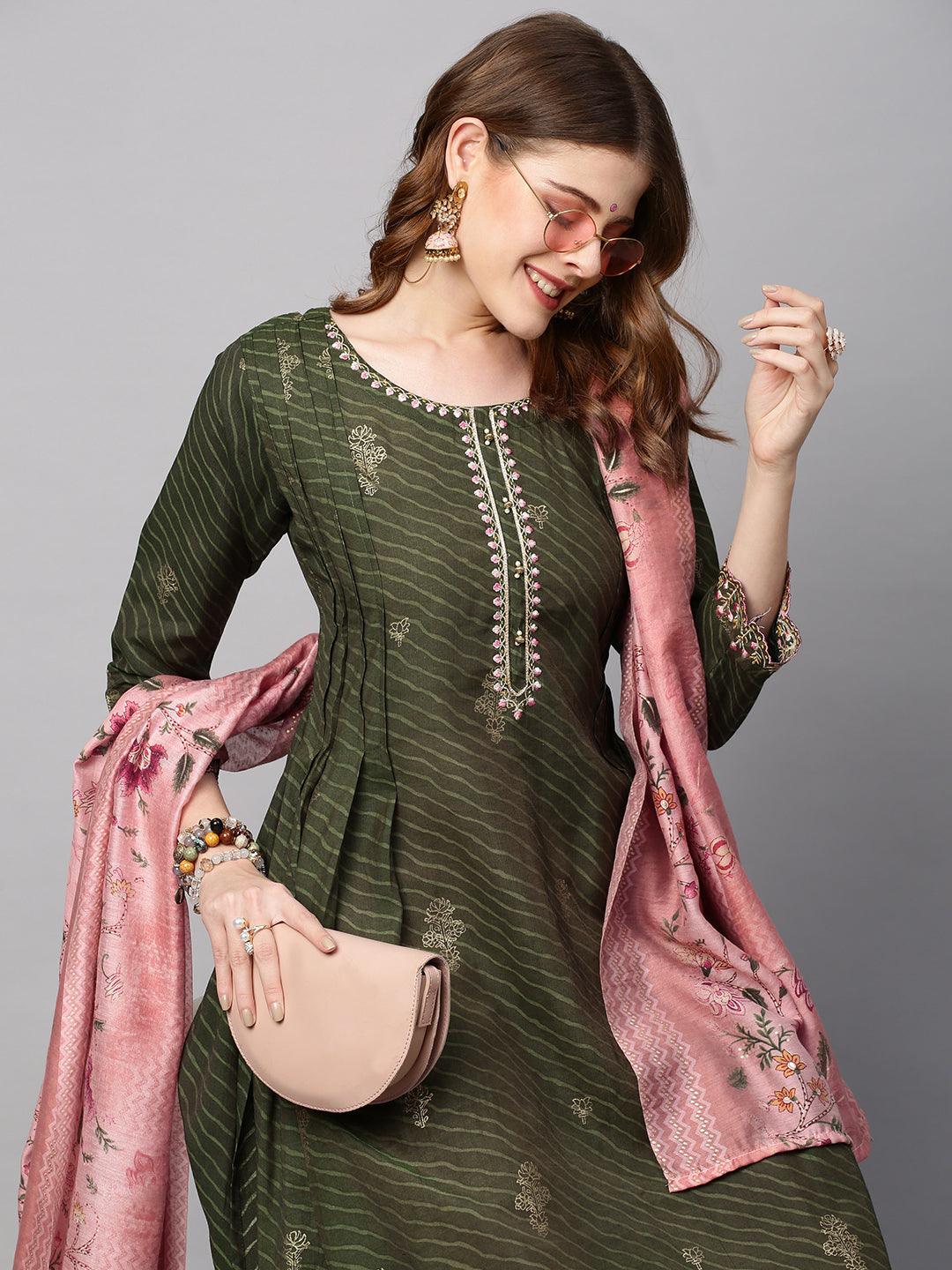 Leheriya Printed & Embroidered Straight Kurta with Dupatta - Seaweed Green - Indiakreations