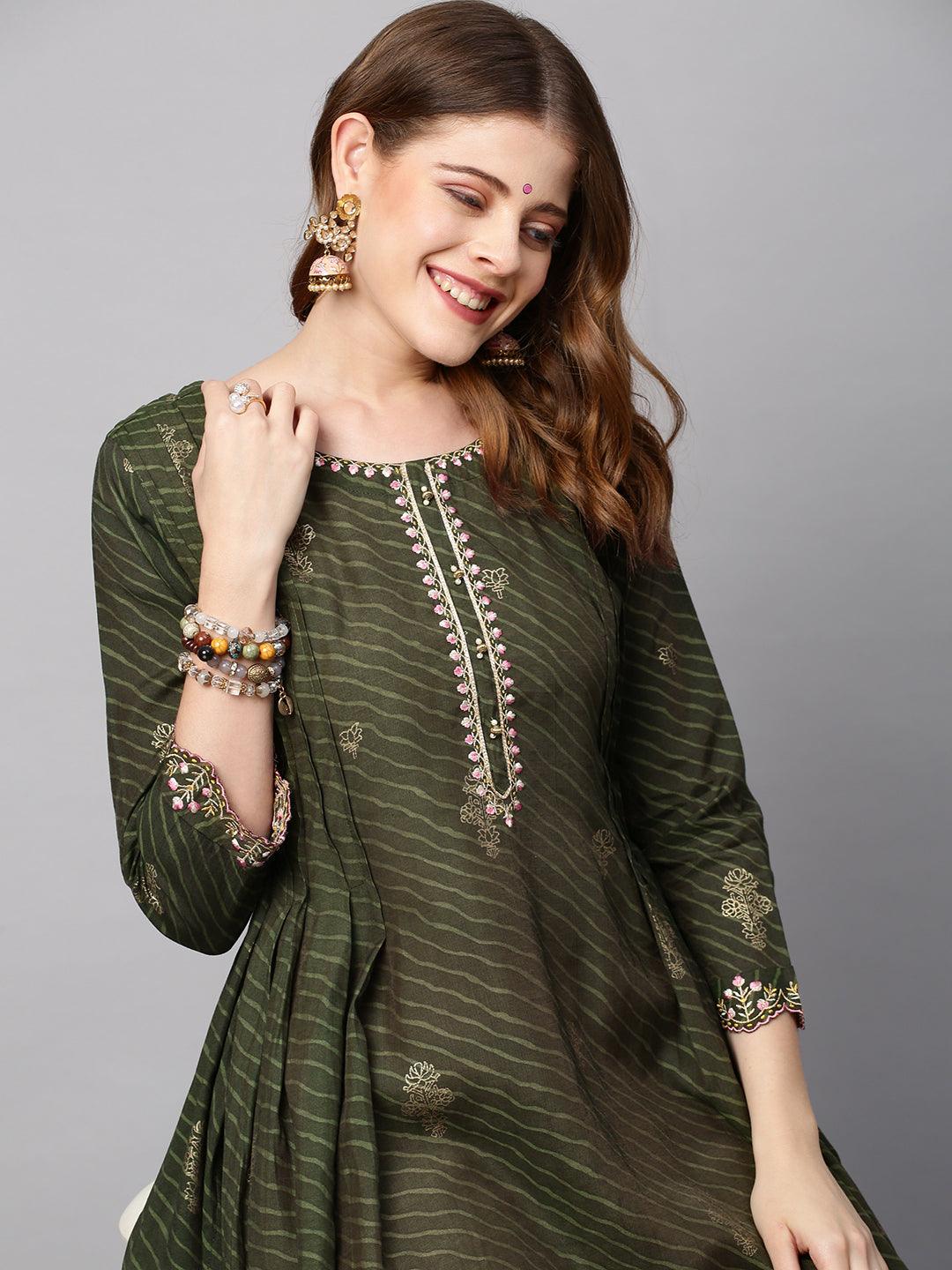 Leheriya Printed & Embroidered Straight Kurta with Dupatta - Seaweed Green - Indiakreations