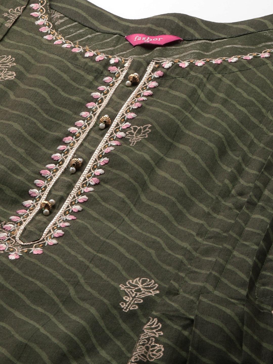 Leheriya Printed & Embroidered Straight Kurta with Dupatta - Seaweed Green - Indiakreations