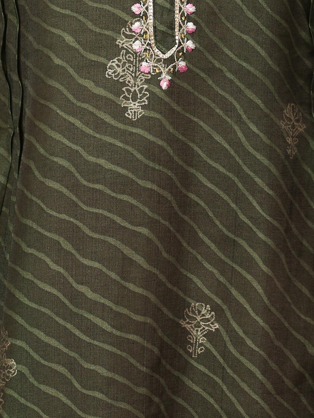 Leheriya Printed & Embroidered Straight Kurta with Dupatta - Seaweed Green - Indiakreations