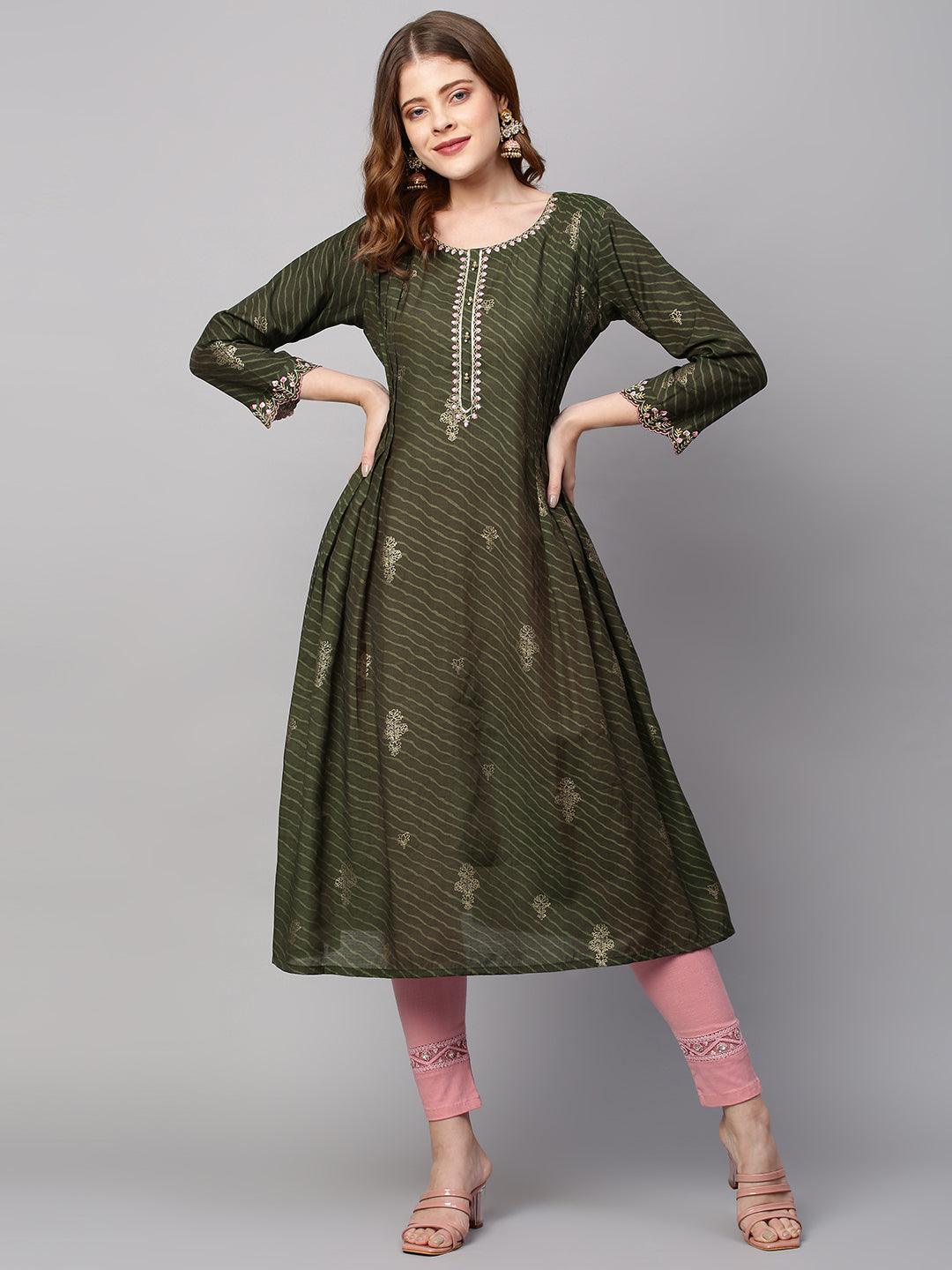 Leheriya Printed & Embroidered Straight Kurta with Dupatta - Seaweed Green - Indiakreations