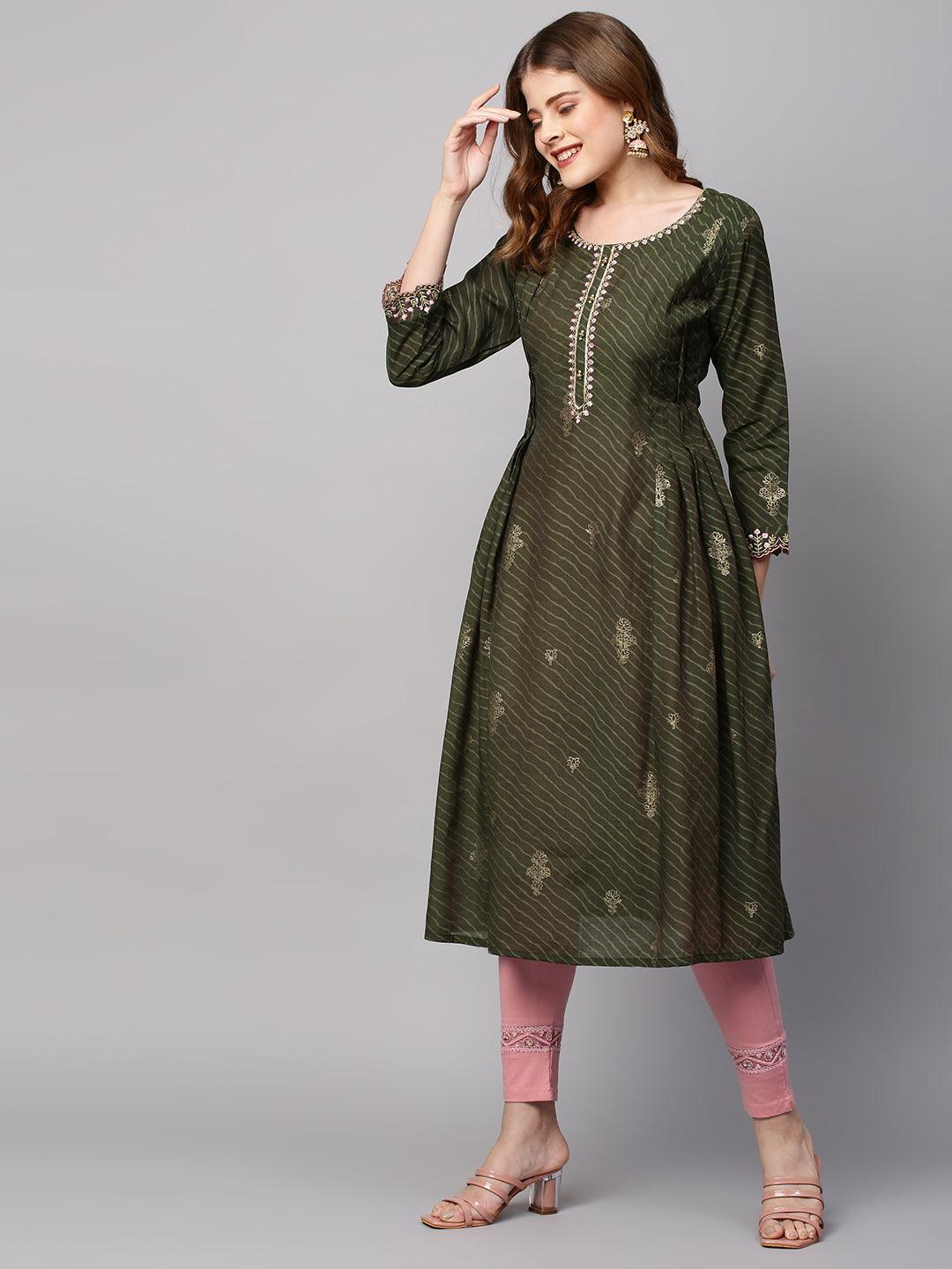 Leheriya Printed & Embroidered Straight Kurta with Dupatta - Seaweed Green - Indiakreations