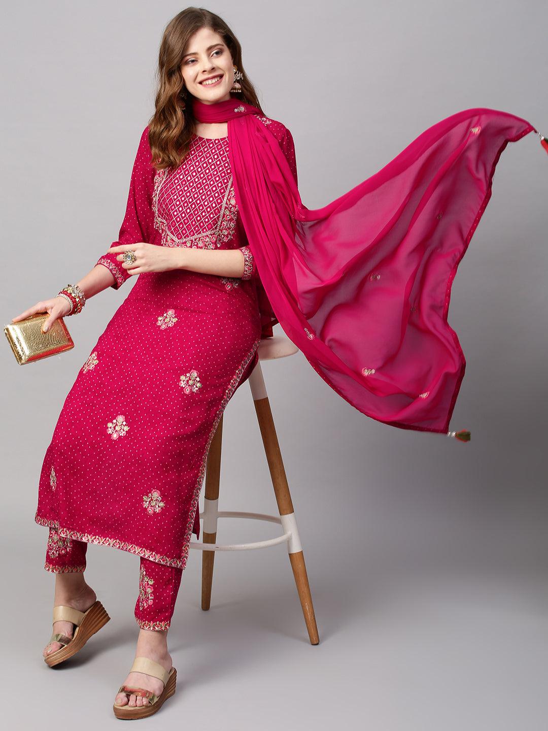 Ethnic Printed & Floral Embroidered Kurta with Pants & Dupatta - Magenta Pink - Indiakreations