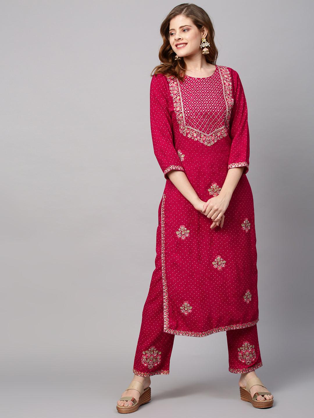 Ethnic Printed & Floral Embroidered Kurta with Pants & Dupatta - Magenta Pink - Indiakreations