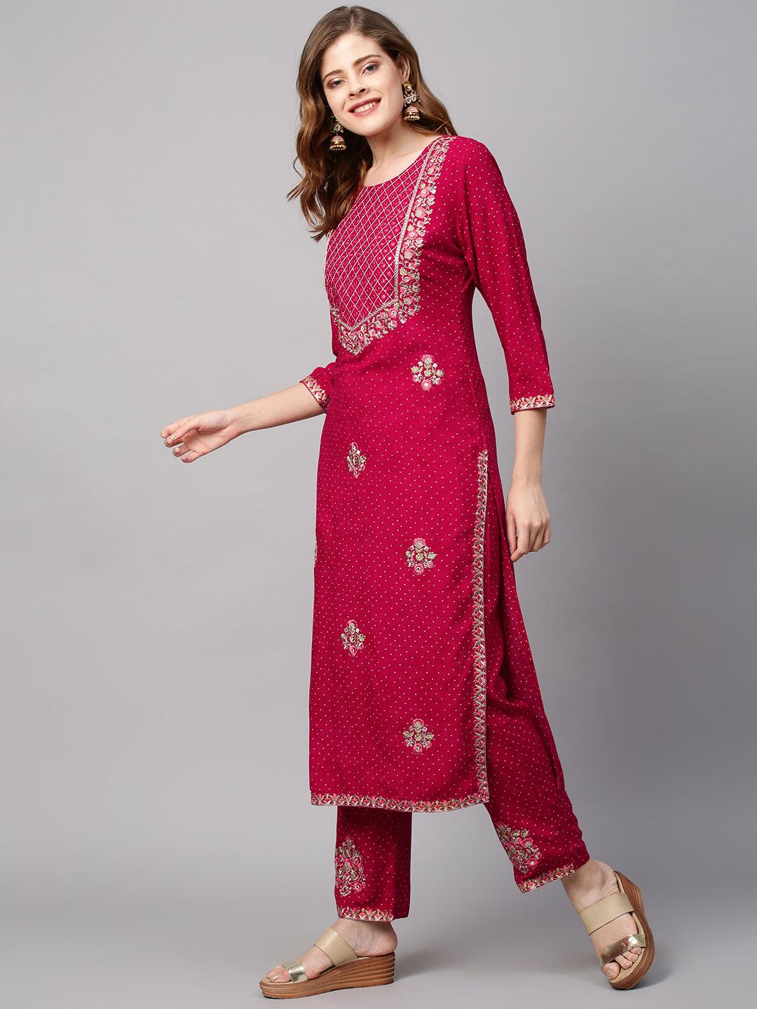 Ethnic Printed & Floral Embroidered Kurta with Pants & Dupatta - Magenta Pink - Indiakreations