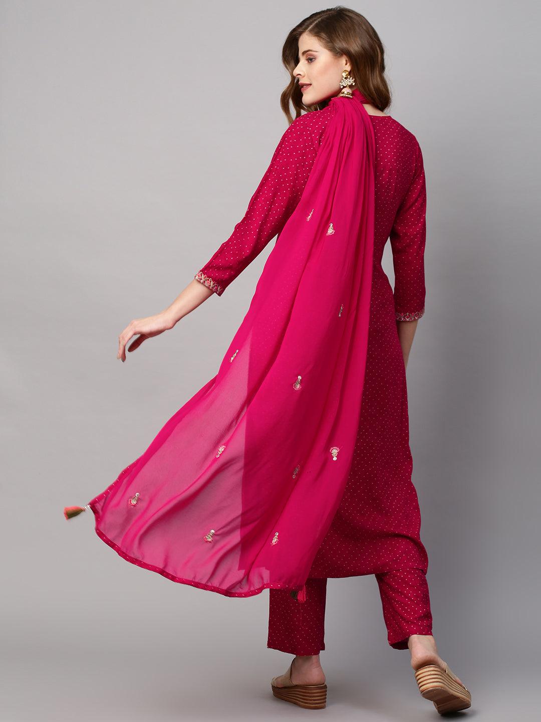 Ethnic Printed & Floral Embroidered Kurta with Pants & Dupatta - Magenta Pink - Indiakreations