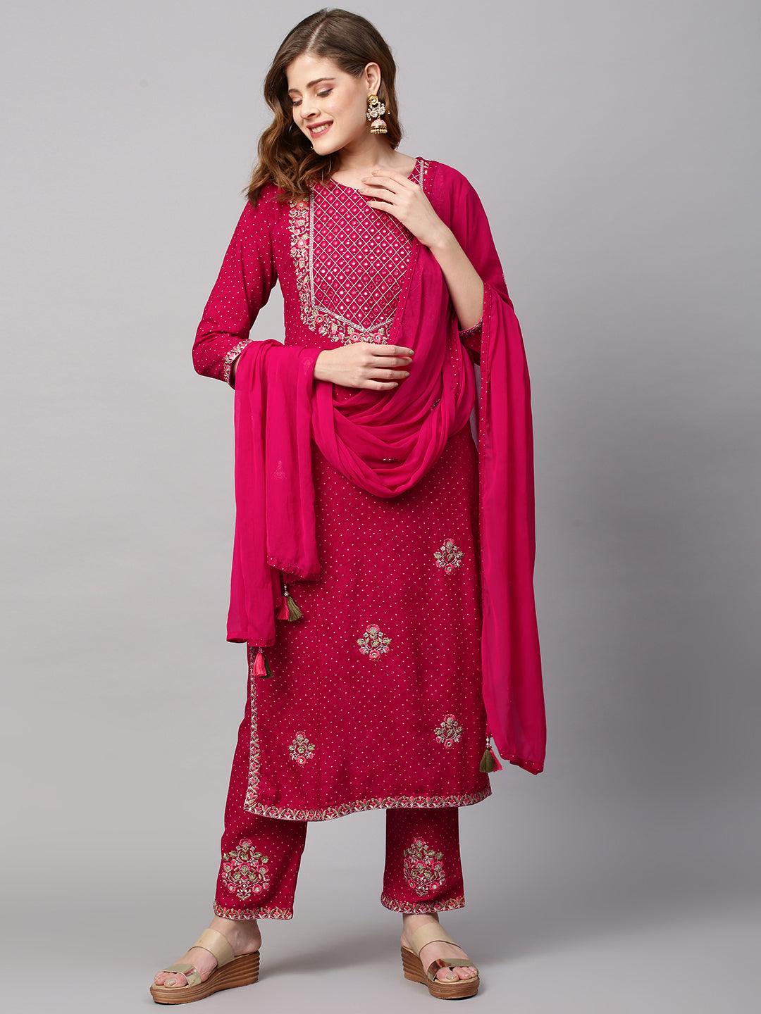 Ethnic Printed & Floral Embroidered Kurta with Pants & Dupatta - Magenta Pink - Indiakreations