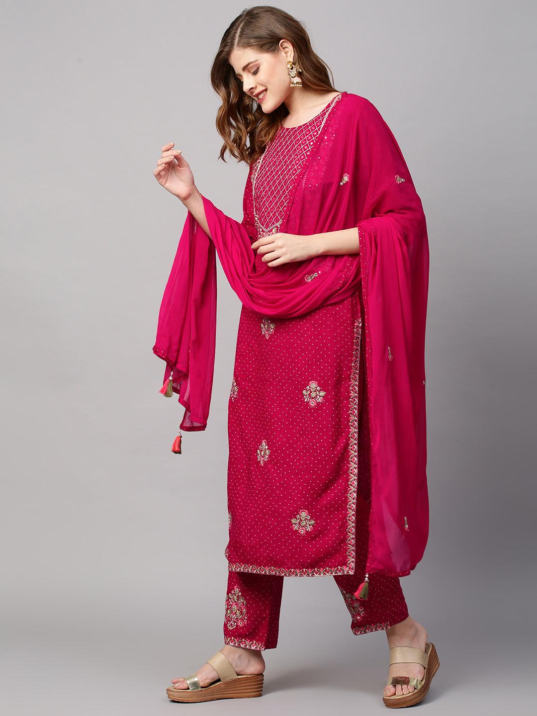 Ethnic Printed & Floral Embroidered Kurta with Pants & Dupatta - Magenta Pink - Indiakreations