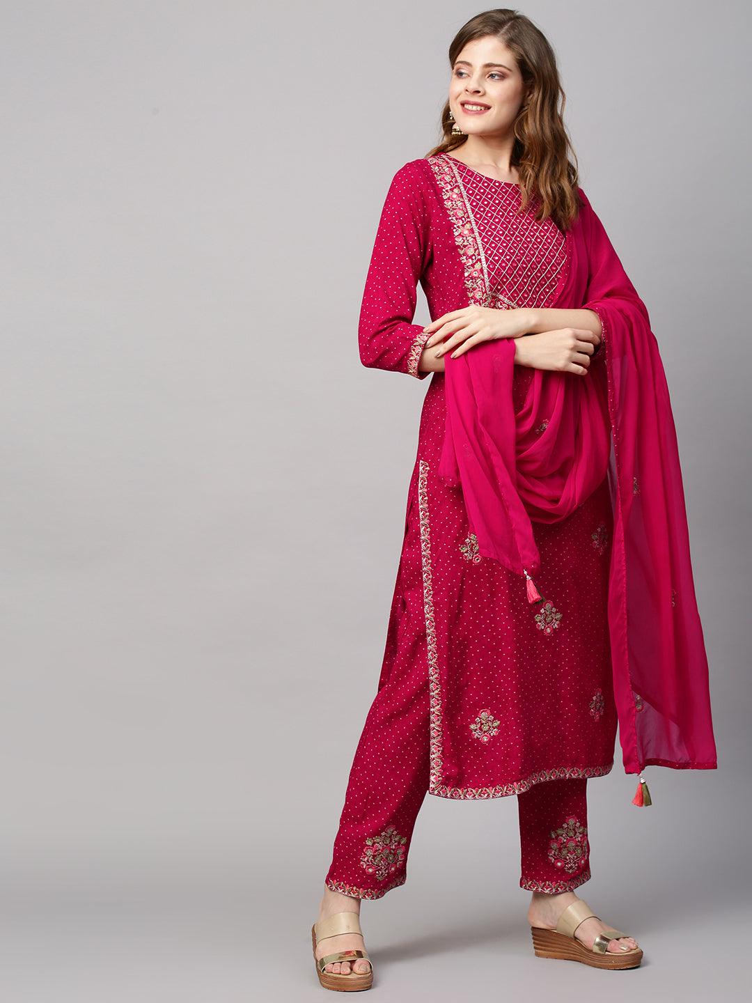 Ethnic Printed & Floral Embroidered Kurta with Pants & Dupatta - Magenta Pink - Indiakreations