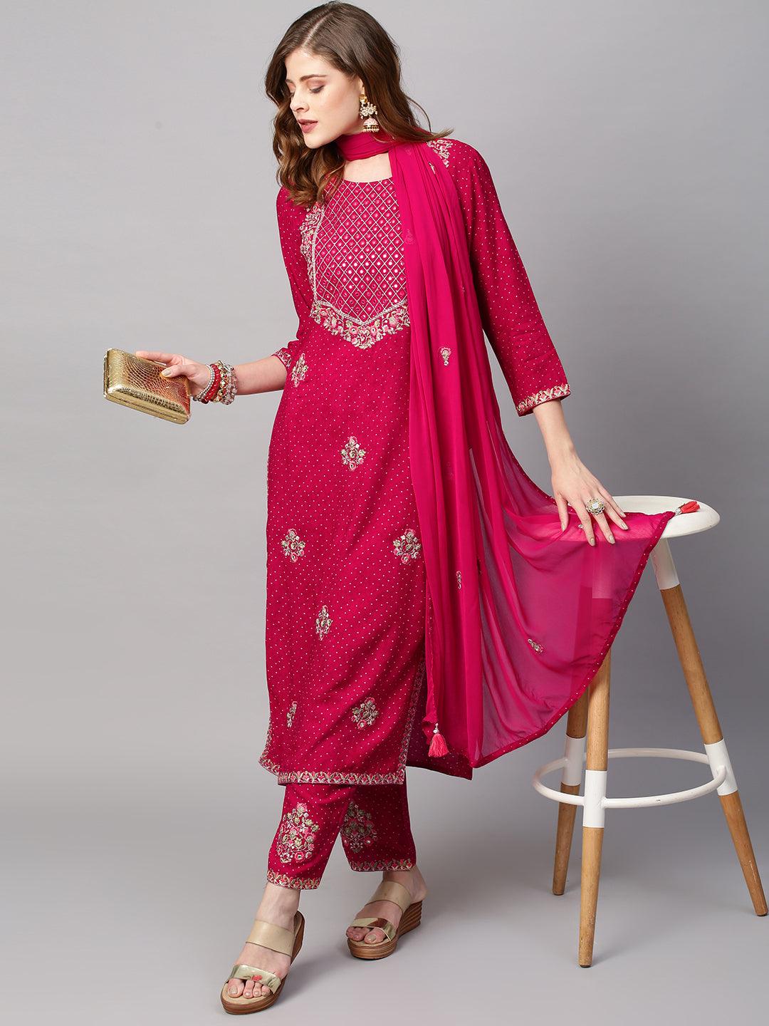 Ethnic Printed & Floral Embroidered Kurta with Pants & Dupatta - Magenta Pink - Indiakreations