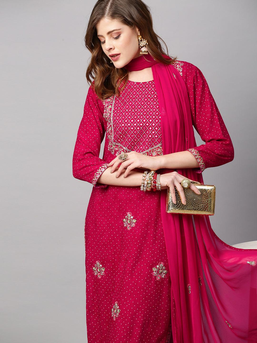 Ethnic Printed & Floral Embroidered Kurta with Pants & Dupatta - Magenta Pink - Indiakreations