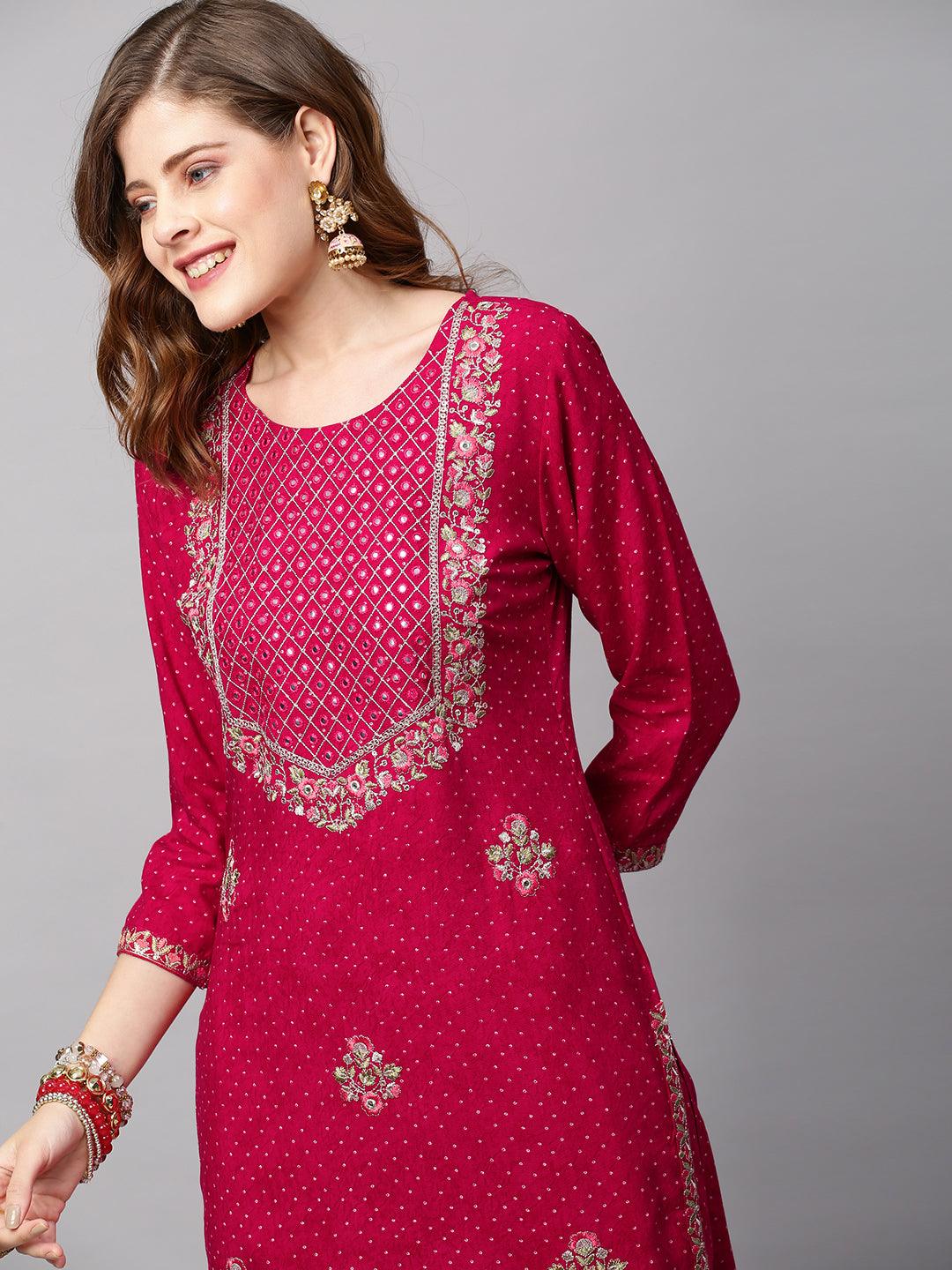 Ethnic Printed & Floral Embroidered Kurta with Pants & Dupatta - Magenta Pink - Indiakreations