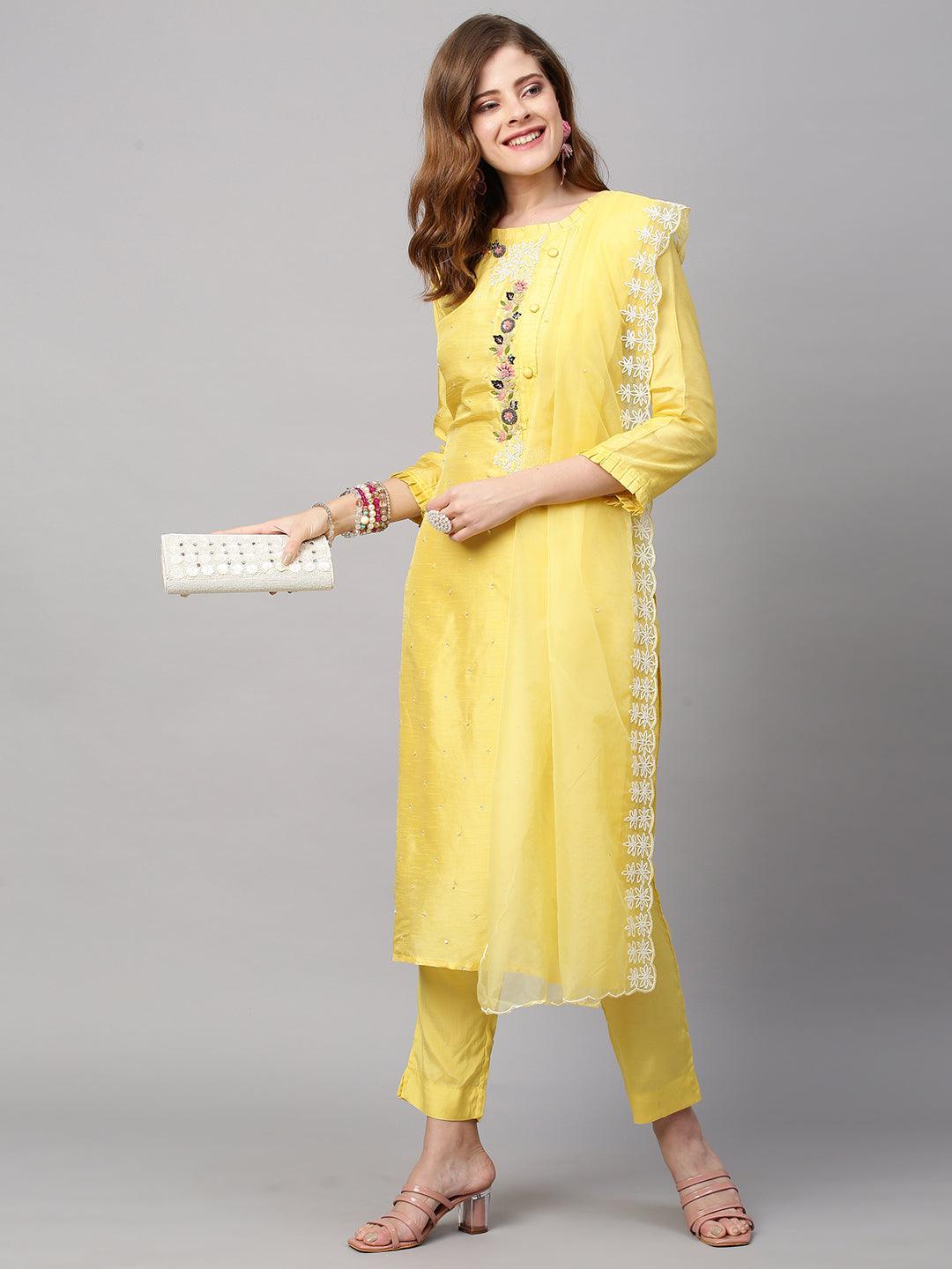 Hand Embroidered Straight Fit Kurta with Pants and Dupatta - Yellow - Indiakreations