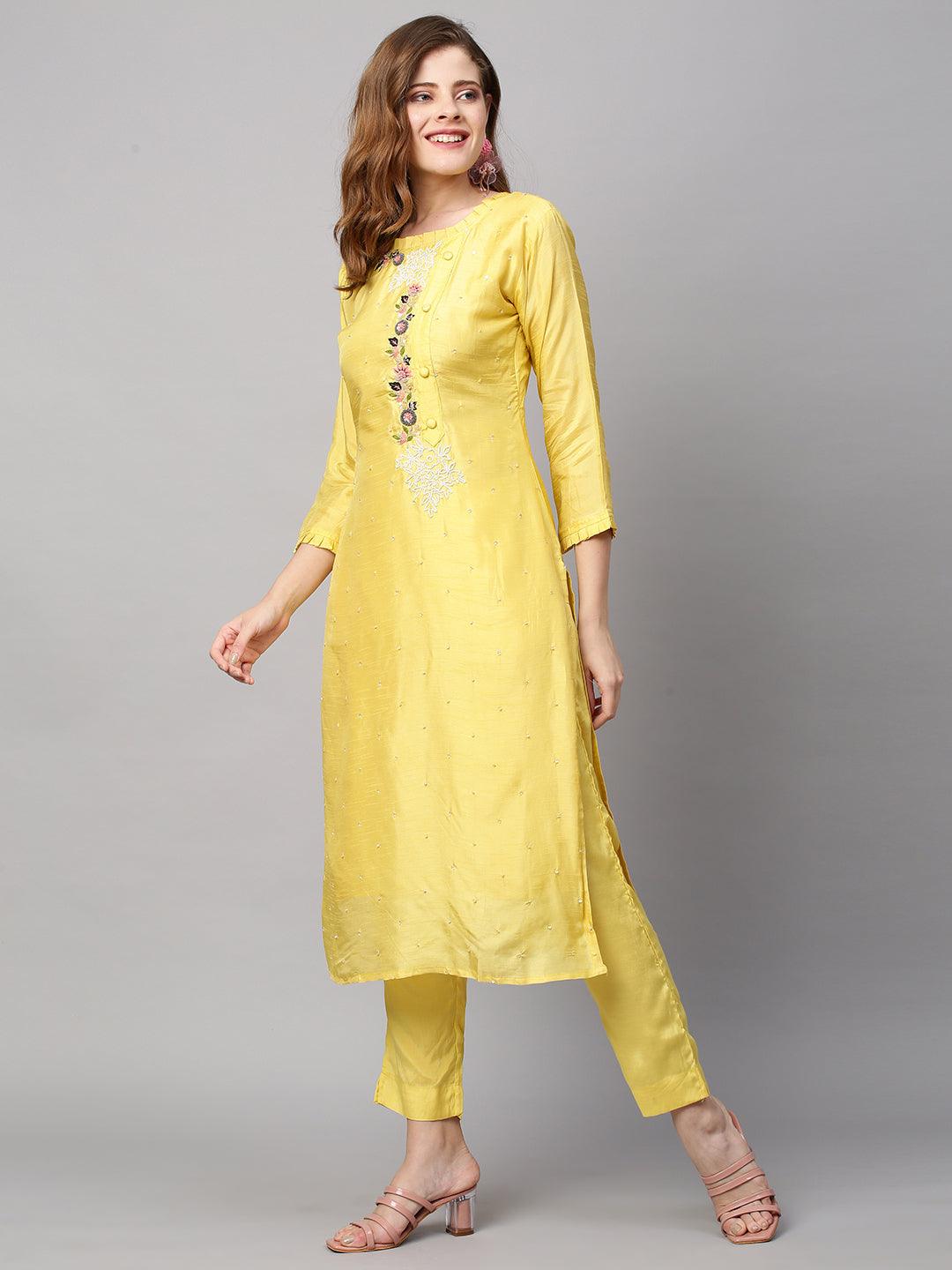 Hand Embroidered Straight Fit Kurta with Pants and Dupatta - Yellow - Indiakreations