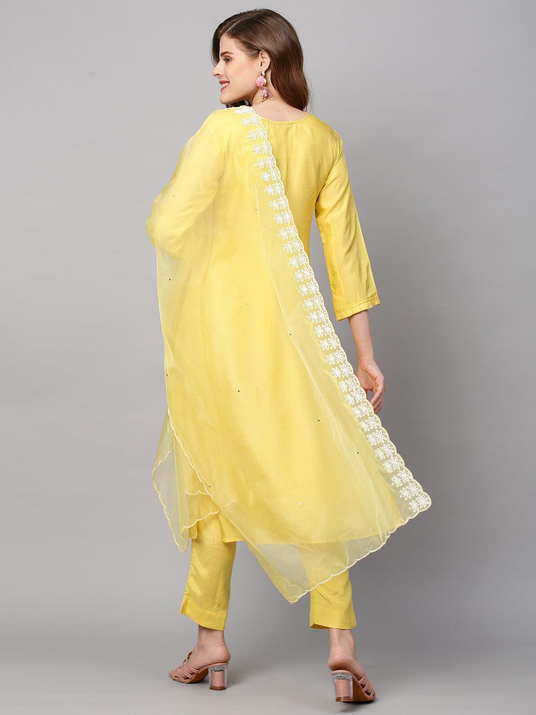 Hand Embroidered Straight Fit Kurta with Pants and Dupatta - Yellow - Indiakreations