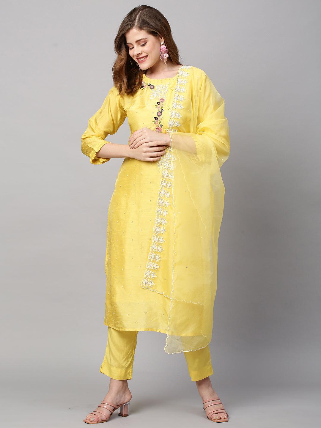 Hand Embroidered Straight Fit Kurta with Pants and Dupatta - Yellow - Indiakreations