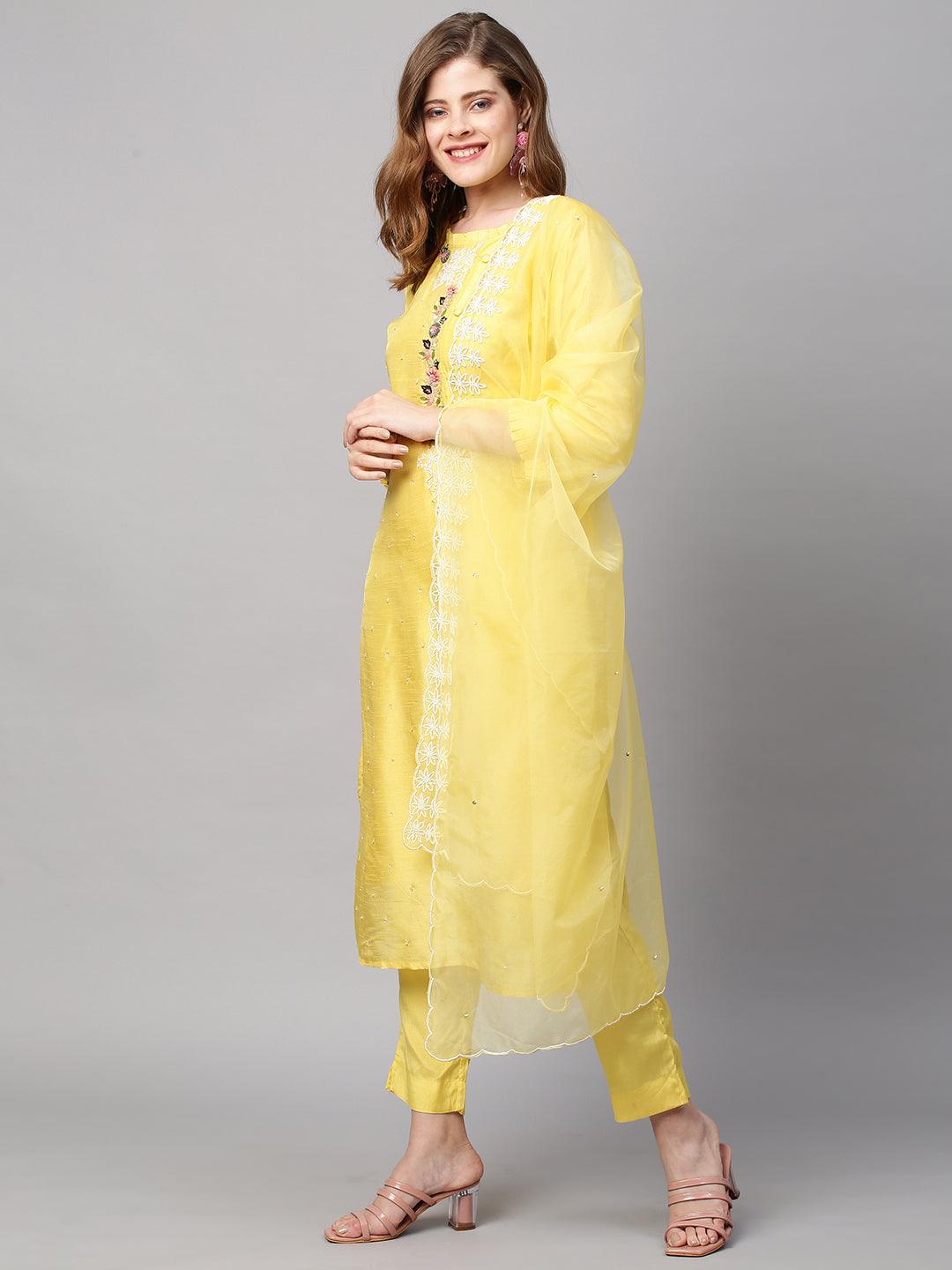 Hand Embroidered Straight Fit Kurta with Pants and Dupatta - Yellow - Indiakreations