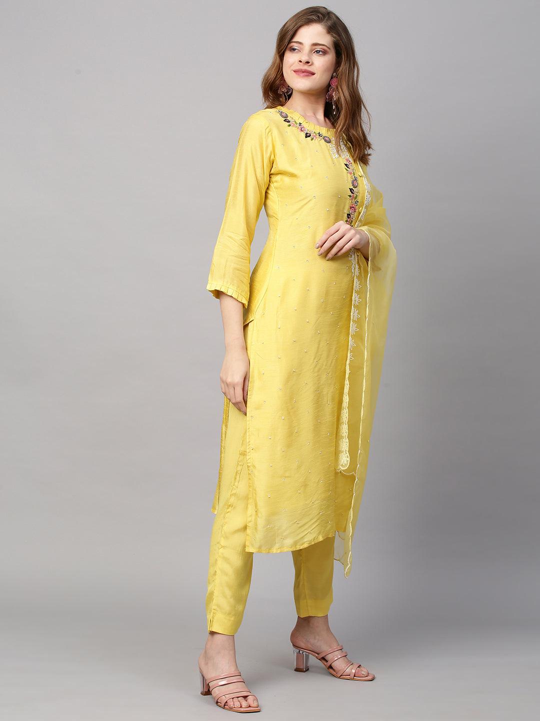 Hand Embroidered Straight Fit Kurta with Pants and Dupatta - Yellow - Indiakreations