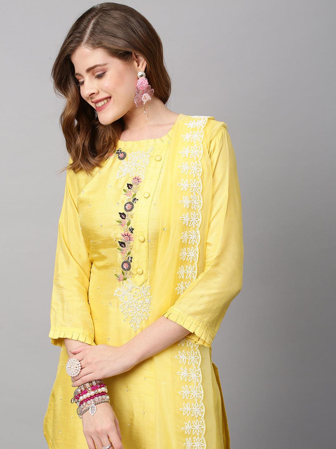 Hand Embroidered Straight Fit Kurta with Pants and Dupatta - Yellow - Indiakreations