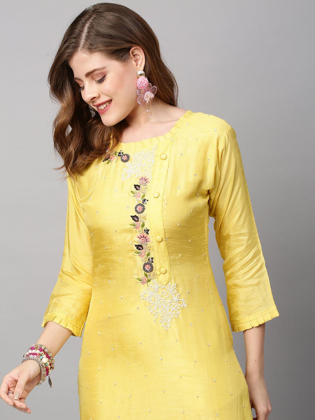 Hand Embroidered Straight Fit Kurta with Pants and Dupatta - Yellow - Indiakreations