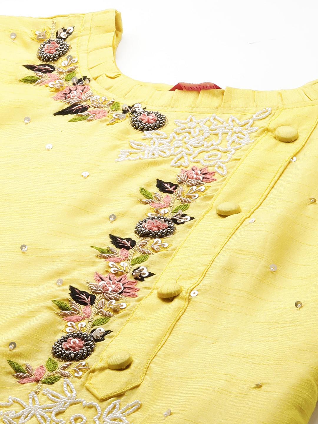 Hand Embroidered Straight Fit Kurta with Pants and Dupatta - Yellow - Indiakreations